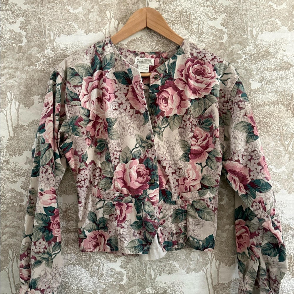 Banana Republic Floral Button-Front Blouse in Pink, Green, Cream